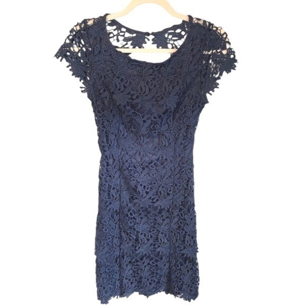 Lulus Navy Blue Floral Lace Backless Cap Sleeve Cocktail Party Dress Womens S